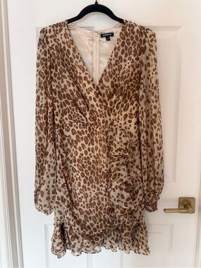 Express Women's Brown Leopard Print Ruffle Wrap Dress, Size Small